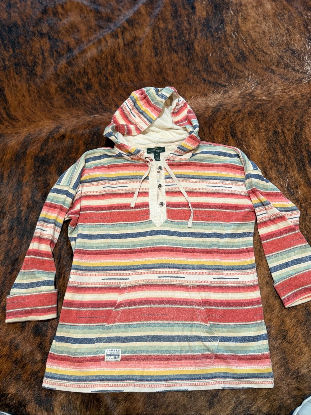 Ralph Lauren LRL Jeans Co. Striped Hooded Pullover Top Size M Cotton colorblock